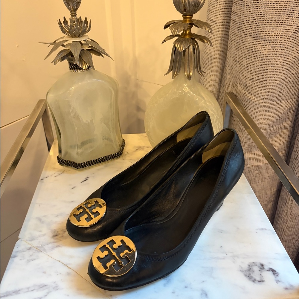Tory Burch Black Wedges with Gold Emblem